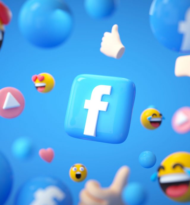 Facebook application logo background with emoji and floating objects. facebook social media platform.